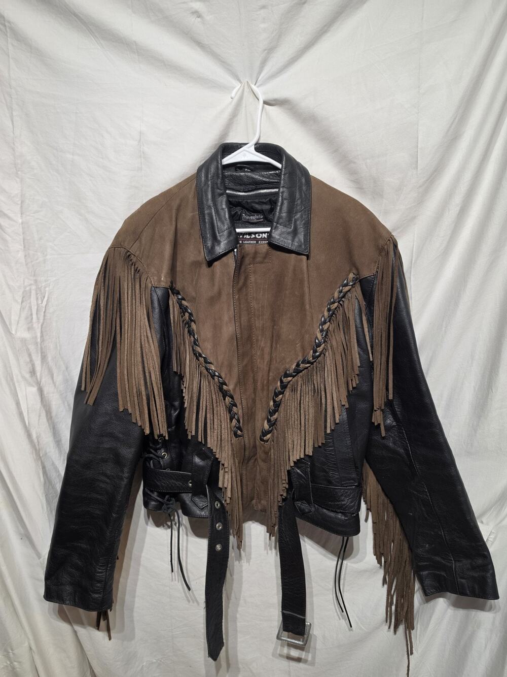 Vintage Wilsons Leather Jacket XL Black Brown Fringe Belted Western Women’s